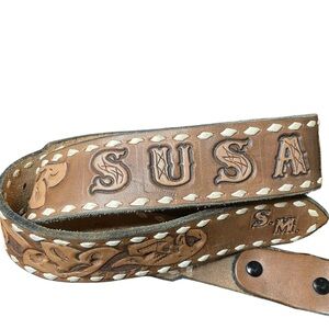 Hand-Tooled Brown Leather Belt with floral Embossing and personalized SUSAN